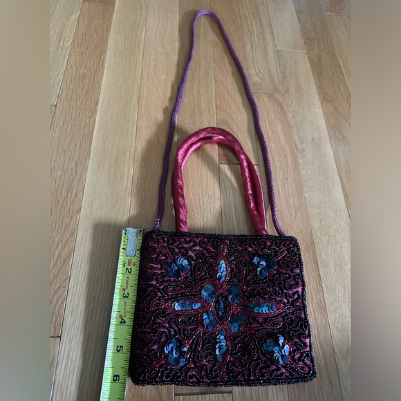 Handbags - Beaded crossbag with red satin handles and longer purple cord.Fits phone, etc